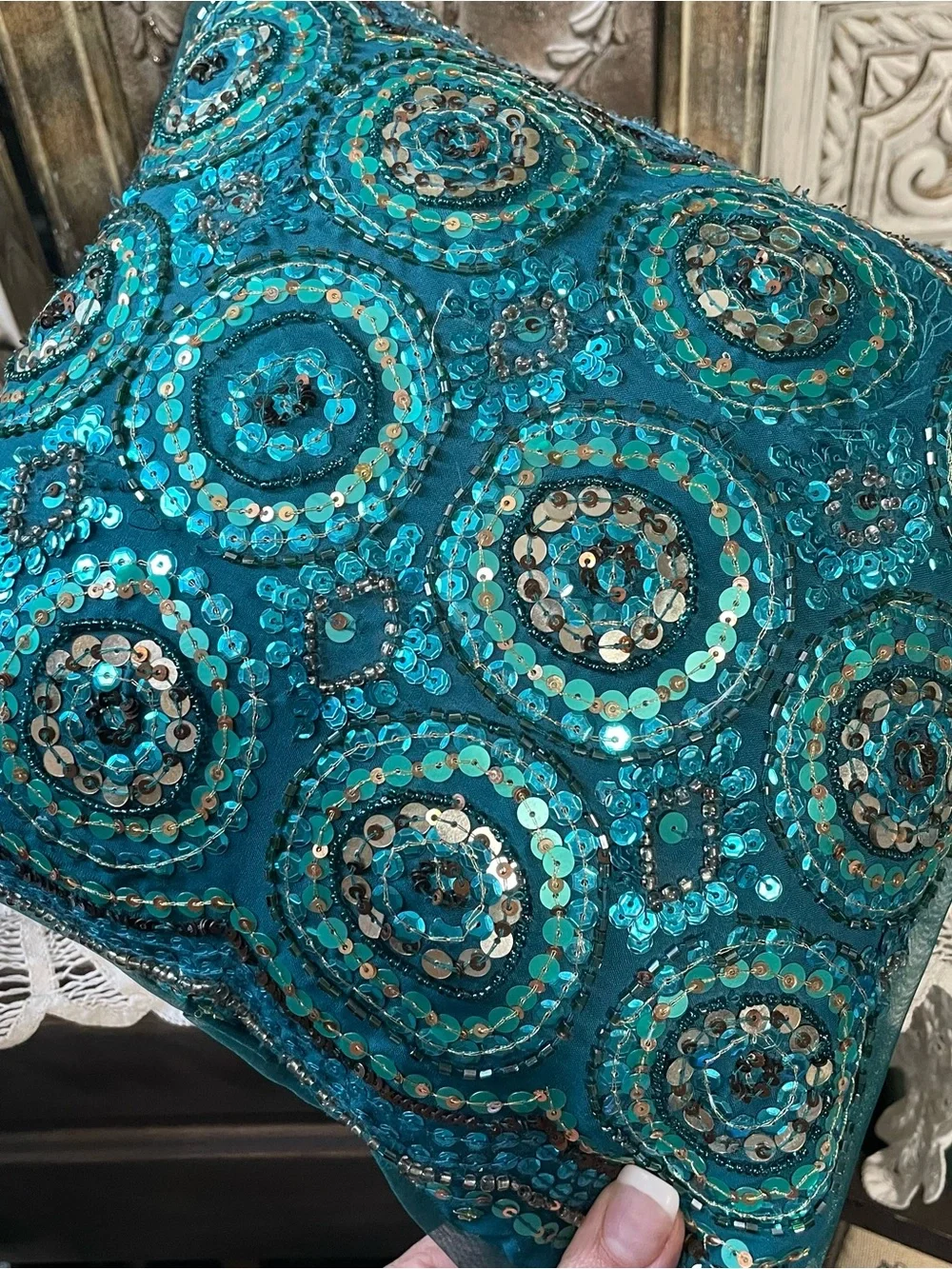 Vintage pier one blue sequined thrown pillow
